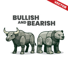Bull and Bear Robot Vector Mascots Futuristic Metallic Animal Icons Representing Stock Market Trends in AI Style