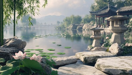 Tranquil Asian garden by a serene lake.  Misty mountains in the background