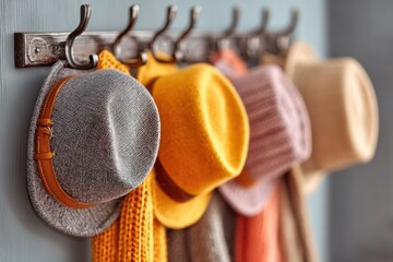 Stylish hats and scarves hanging neatly on a rustic wall-mounted rack, creating a cozy and organized entryway with a touch of vintage charm and autumn colors.