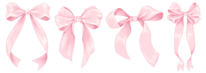 Pink  Bow Illustration. Hand Draw coquette bow pink ribbon, bow knots, bow ties, ribbons, and hair bows for gift wrapping, decorations, fashion, and festive designs. Cute elegant bow