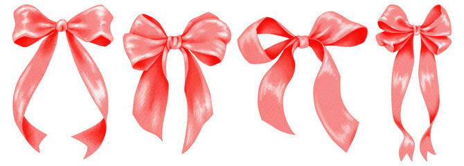 Hand drawn red watercolor bows, Beautiful gift bow ribbon, for romantic invitations design, coquette core, girls decor, Christmas decor, 