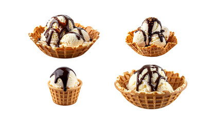 Sweet chocolate ice cream decorated with natural brown and green colors isolated on white background