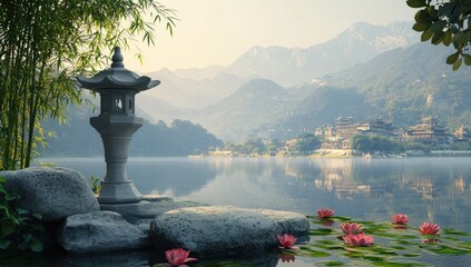 Tranquil Asian Lakeside Scene
