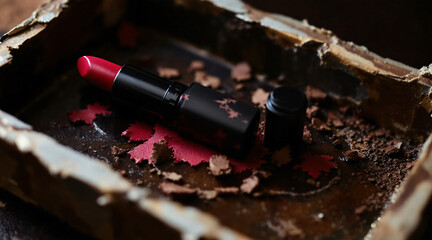 Bright Red Lipstick on Distressed Surface with Shavings Highlighting Beauty and Color