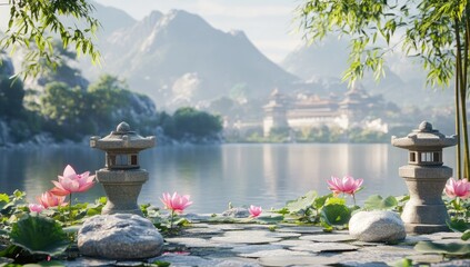 Serene lake scene with Asian-style architecture.  Peaceful morning light bathes a stone-paved walkway along a tranquil lake. 