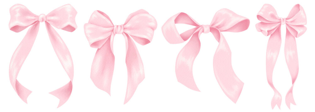 Pink  Bow Illustration. Hand Draw coquette bow pink ribbon, bow knots, bow ties, ribbons, and hair bows for gift wrapping, decorations, fashion, and festive designs. Cute elegant bow