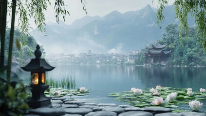 Serene lake vista with traditional Asian architecture