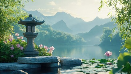 Serene Asian landscape scene with a stone lantern, lotus flowers, and tranquil lake