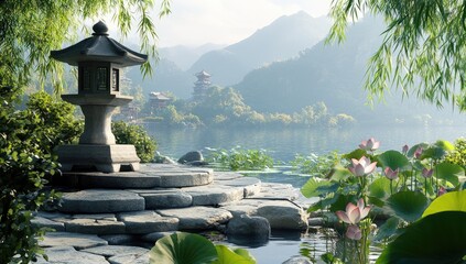 Tranquil Asian landscape with stone lantern