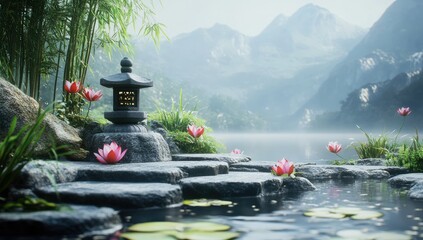 Serene Asian-style landscape with a lantern by a lake