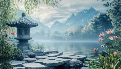 Tranquil Asian garden by a misty lake