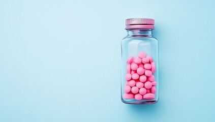 Clear glass bottle filled with pink pills on a light blue background