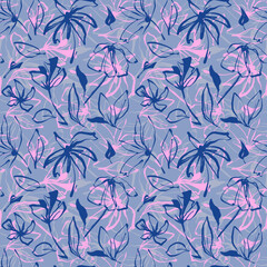 Hand-drawn seamless vector pattern of Abstract Ink Flowers. organic forms and bold local color spots. or textile design, stationery, packaging, wallpapers, and modern surface design projects.