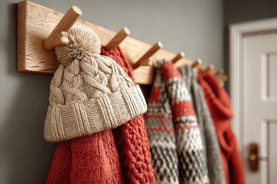 A warm and cozy image featuring winter accessories hanging on a wooden coat rack, including a knitted hat, and colorful scarves, ready for the cold season. - Powered by Adobe