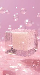 A clear, cube-shaped object, light pink in color, rests on a pink surface with bubbles