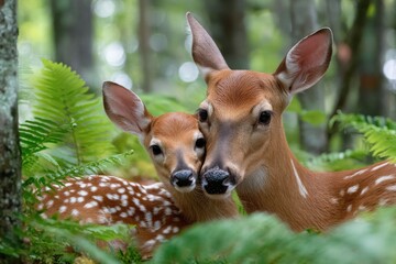 Fototapeta premium A mother deer and her fawn play playfully in the forest, with lush green foliage in the background.