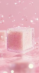 Pink, sparkling sugar cubes levitate in a flurry of bubbles