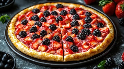 Freshly baked pizza topped with juicy strawberries and blackberries