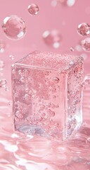 Pink ice cube with bubbles