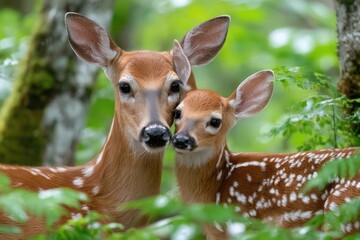 A mother deer and her fawn play playfully in the forest, with lush green foliage in the background.