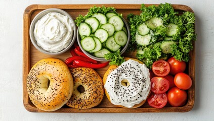 Wooden tray holding bagels, cream cheese, vegetables
