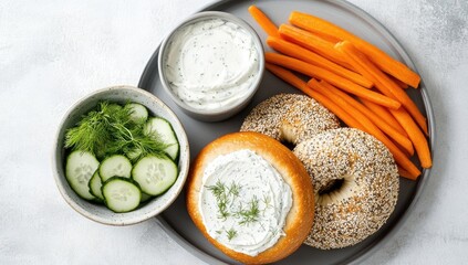 Bagel, cream cheese, cucumber, and carrot snacks