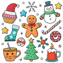 Cute Christmas Holiday Doodle Set - Adorable Hand-Drawn Winter Celebration Elements with Festive Characters and Treats