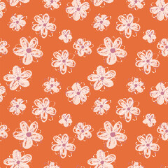 Seamless vector floral pattern with hand drawn daisies and centers on a orange background. Playful design for textiles, kids products, prints, and summer themes