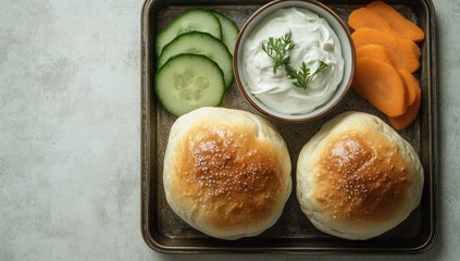 Small metal tray with two round buns, cucumber slices, carrot sticks, and a small bowl of creamy dip
