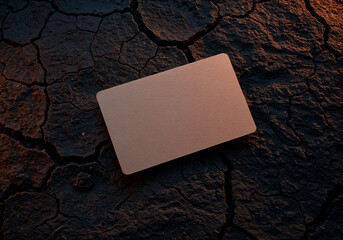 Blank kraft business card on cracked dry earth surface