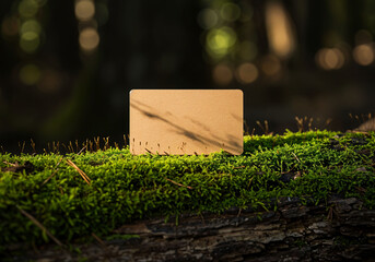 Eco-friendly business card on green moss in forest setting