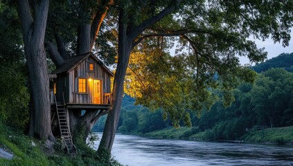 Wooden treehouse nestled amongst tall trees by a river at twilight.  Warm light spills from an open door