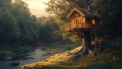 A wooden treehouse nestled in a misty forest beside a river at sunrise.  Tranquil, idyllic scene.  Warm light filters through trees