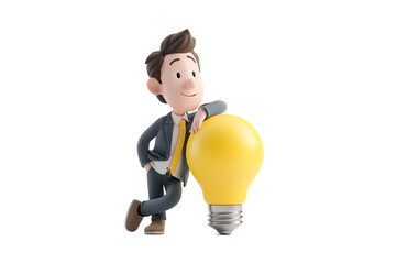 3D Cartoon, Happy Business Person with Light Bulb. Idea Concept. Bright Idea. Cutout, Transparent.