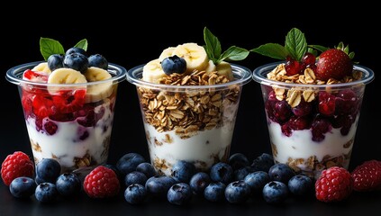 Three clear plastic cups filled with layered parfaits.  Each cup features granola, yogurt, fruit, and berries.  Dark background.  Fresh, healthy breakfast