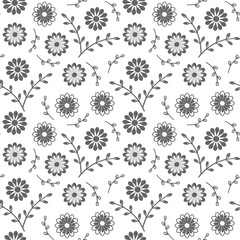 Seamless Floral Pattern with Daisies and Branches on White Background