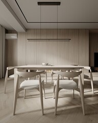 Beige living room interior with dining table and chairs on hardwood floor. Light wooden drawer with modern books and stylish decoration. 3D rendering