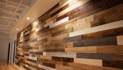 Office wall with beautiful, wooden shiplap paneling that has been sanded and stained in various shades to create depth and texture