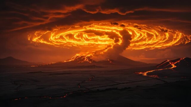 Epic Volcanic Eruption with Dramatic Fire Cloud Formation and Lava Flow Scenery