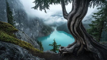 Misty alpine lake, gnarled tree trunk