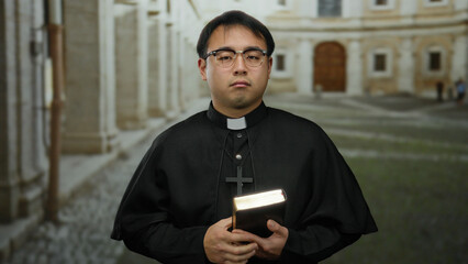 Man holding bible outside church, wearing black robes and glasses, portraying a calm religious...