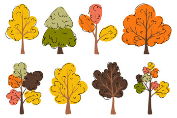 Tree collection in hand drawn flat style. Artistic autumn trees elements set. Fall forest tree icons in orange, yellow and brown colors. Woods doodle symbols set.