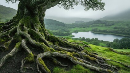 Ancient tree roots spread wide, overlooking a tranquil lake nestled in a misty valley