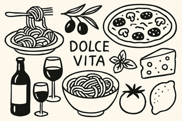 Artistic vector illustration featuring an assortment of Italian cuisine, including pasta, pizza, and fresh ingredients.