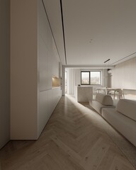 Beige living room interior with dining table and chairs on hardwood floor. Light wooden drawer with modern books and stylish decoration. 3D rendering