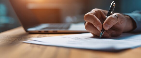 The hand writing on a document beside a laptop in a modern workspace.