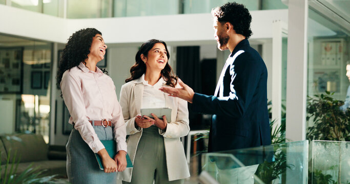 Business man, women and happy in lobby with team, tablet and talk for deal at insurance agency. People, group and leader with staff, planning and start morning with smile, agenda or support at office