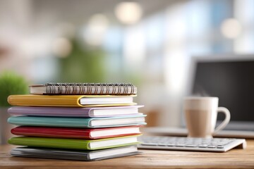 Close-up of a stack of colorful notebooks on a wooden desk with laptop and coffee, creating a productive and organized workspace environment in bright office.