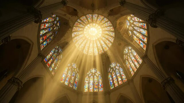 Majestic Stained Glass Windows in a Cathedral with Sunbeams Shining Through