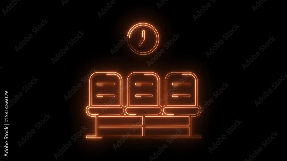 Poster neon waiting room seats with clock animation for ticketing systems and reservations